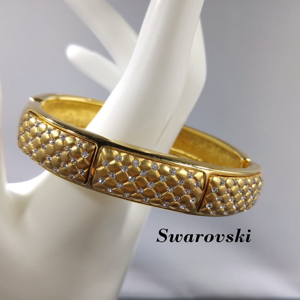 Vintage Swarovski Gold Plated Hinged Cuff Bracelet Clear Rhinestones Swan Logo
